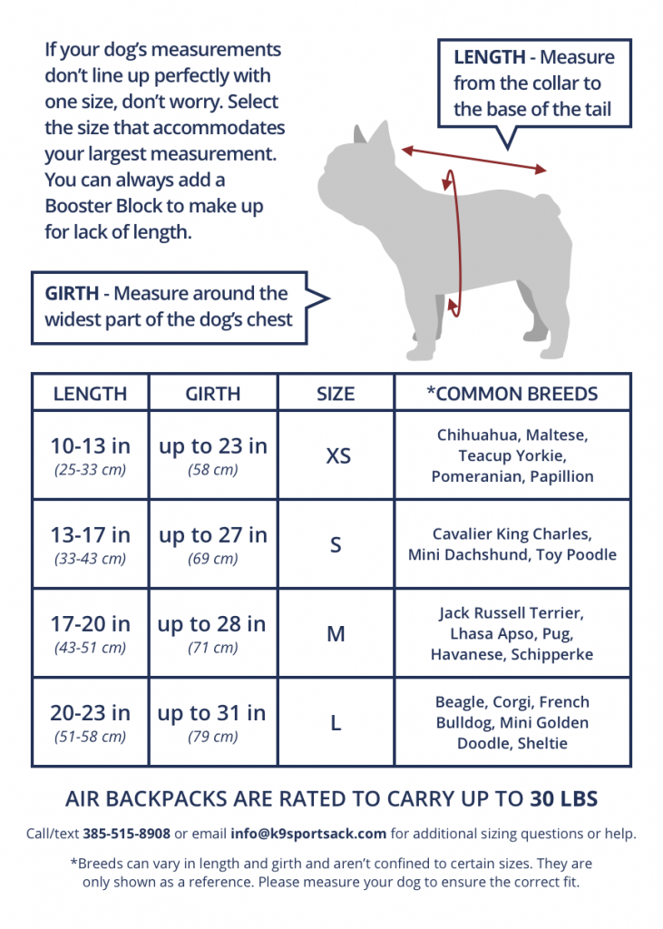 Tripawd hike back pack size chart